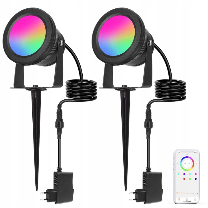 Felinare LED RGB 15W, 2 bucati, IP67, cu Bluetooth, pentru gradina, multicolor, 12V