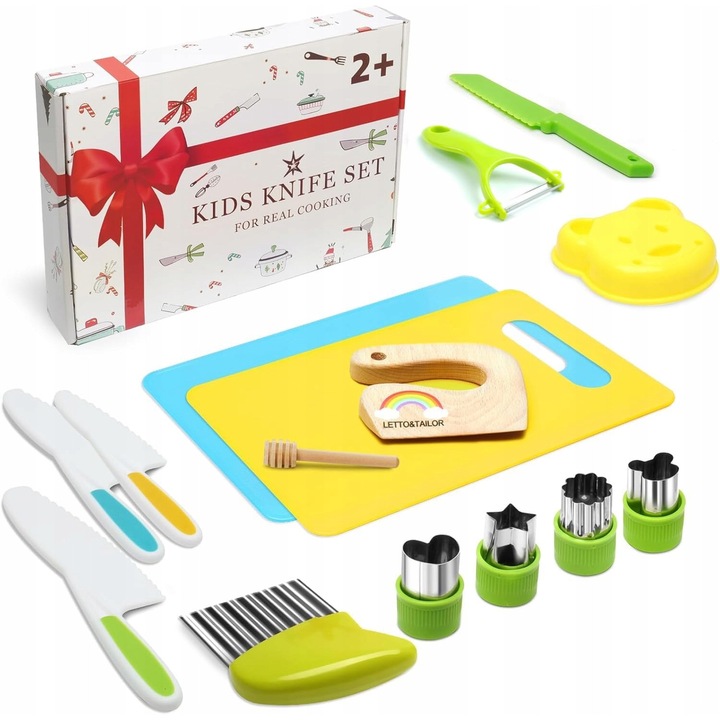 Set de tacamuri pentru copii, 16 piese, cu forme de taiere, din lemn si plastic, multicolor