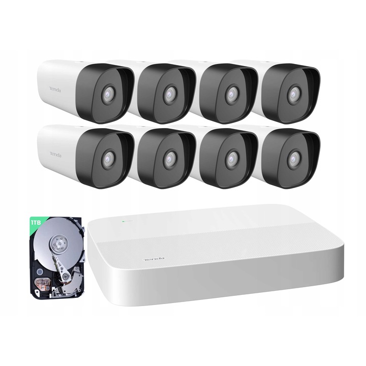 Комплект камери за наблюдение Tenda 8x 4MP, NVR 1TB, нощно виждане, AI детекция, PoE