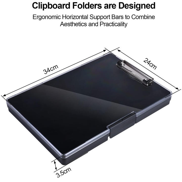 Dosar Clipboard, Bedee, A4, Hordozható, rekeszekkel és fém csíptetővel, Hordozható, Újrafelhasználható, Vízálló, Könnyen tisztítható, Alkalmas üzleti célra, iskolába, irodába, konferenciákra, 34 x 24 cm, Fekete