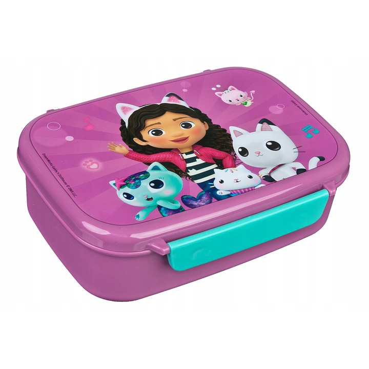 Recipient pentru sandvisuri pentru copii Gabby's Dollhouse, 18x13,5x6cm, plastic fara BPA, pentru pranz si gustari, SCOOLI