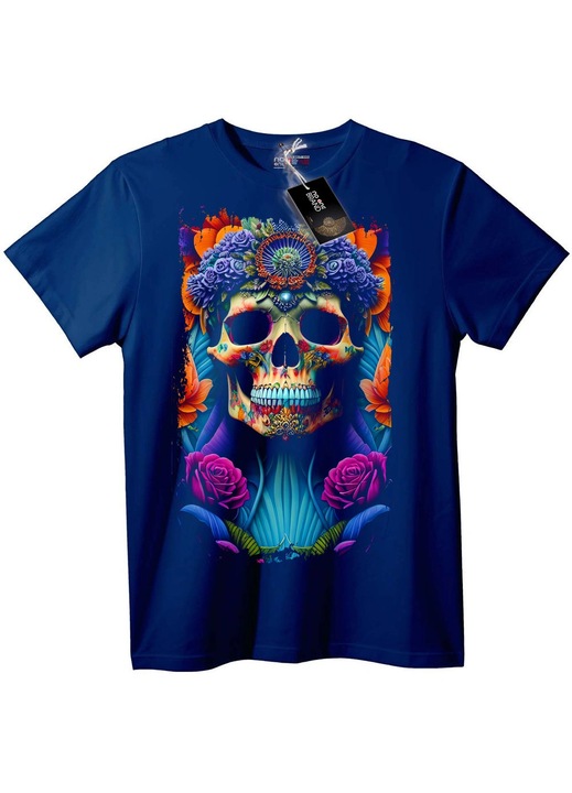 Tricou cu artă craniu colorată, bleumarin, 3XL