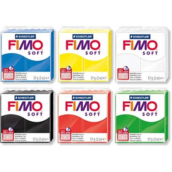 Pasta modelatoare Staedtler Fimo Soft, set culori de baza, 57 g, negru, alb, galben, albastru, rosu