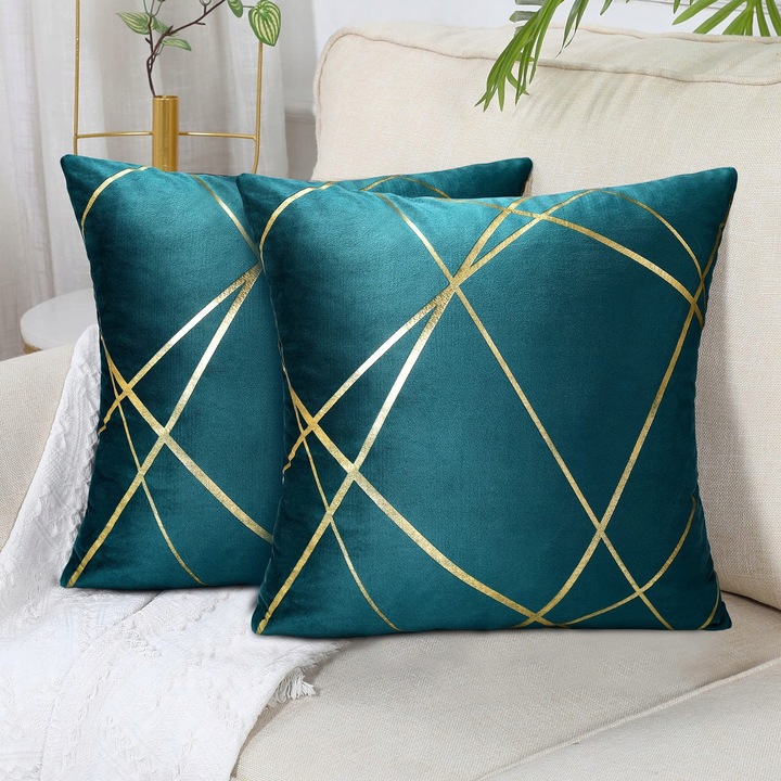 Poszewki decorative, set 2 bucati, 40x40cm, verde cu dungi aurii, geometrica