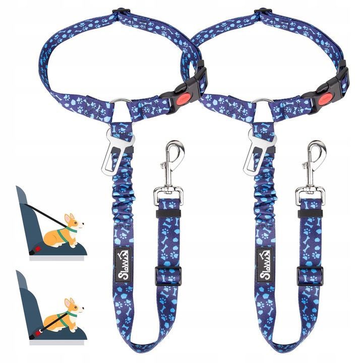 Centura de Siguranta pentru Caini, SlowTon, 2 in 1, Reglabila, Reflectorizanta, Albastra, Set 2 buc.