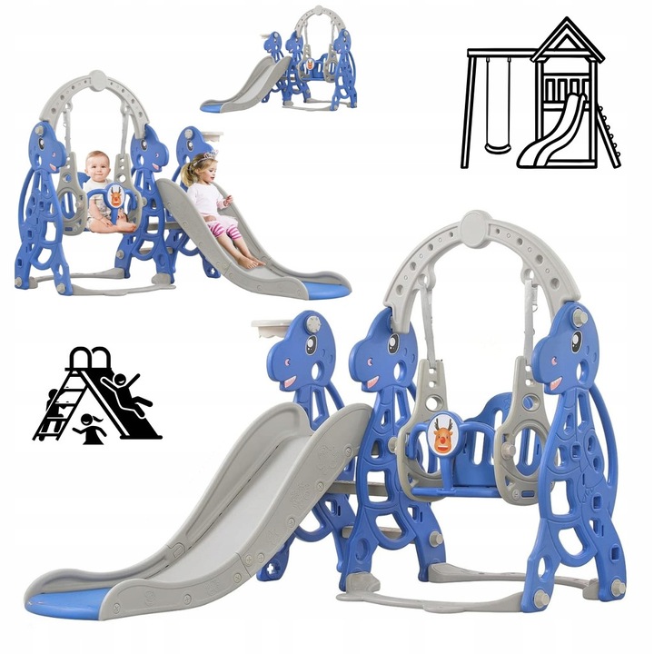 Детска пързалка, 4в1, пързалка 145см, люлка със стойка, многоцветен комплект
