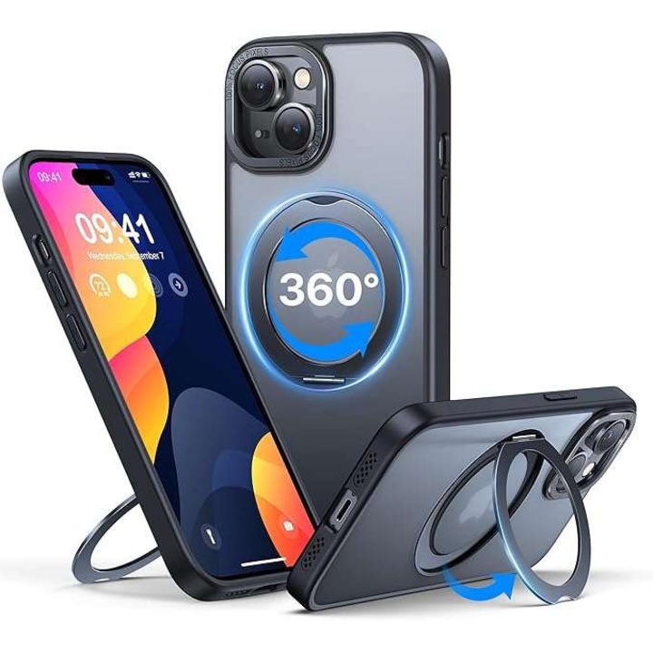 Husa telefon QTlier pentru iPhone 15 MagSafe, cu suport, neagra