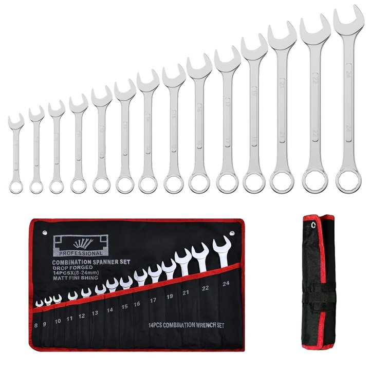 Set de chei combinate, 14 piese, design cu capete duale, 8-24mm, cu suport compact
