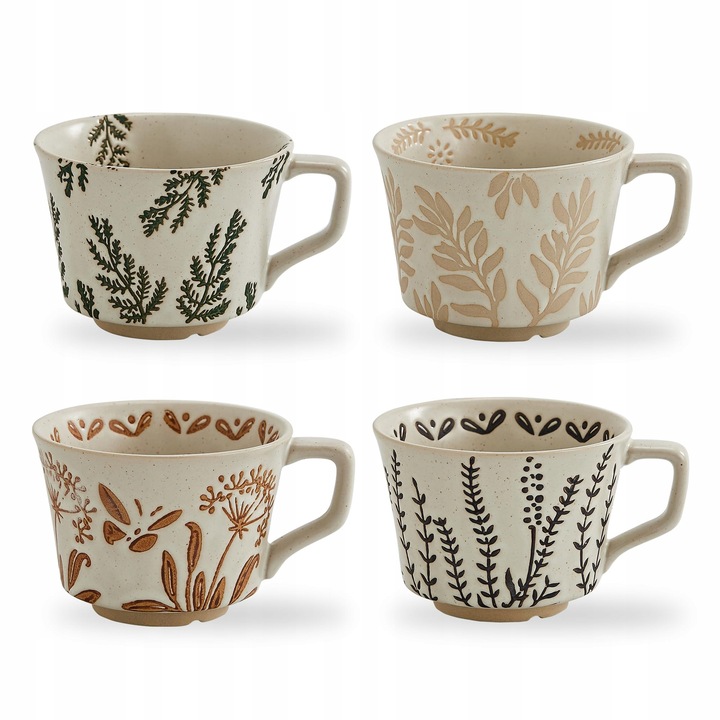 Set 4 Cani Ceramice 350ml cu Ilustratii Botanice, Rustice, pentru Cafea si Ceai