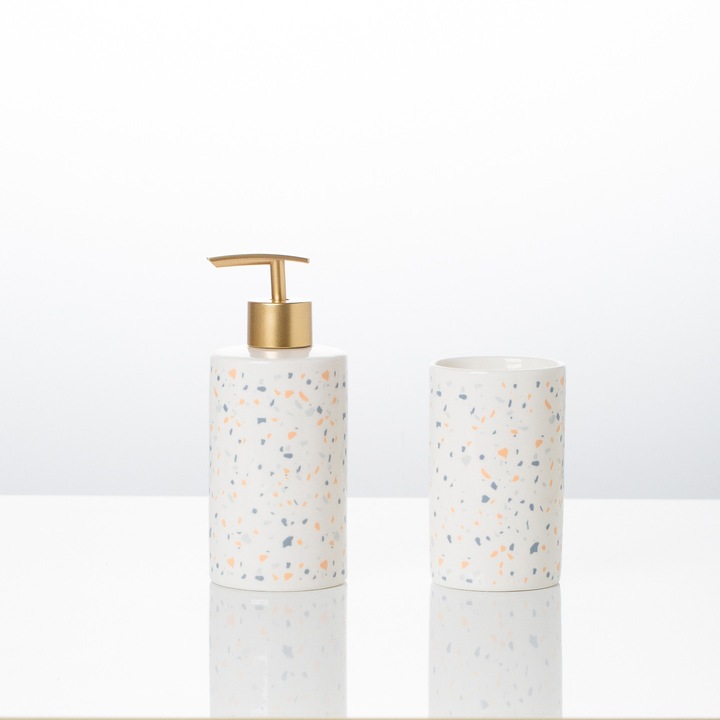 Комплект аксесоари за баня Терацо от 2 части – дозатор за течен сапун и чаша, порцелан със златни детайли