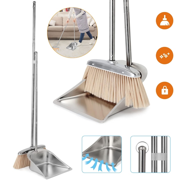 Set Matura Si Faras Pentru Casa, Argintiu, 114 cm, Set Matura Si Faras Din Otel Inoxidabil Cu Maner Lung, Set Matura Faras Rezistent, Faras Vertical, Matura De Bucatarie Pentru Interior Si Exterior