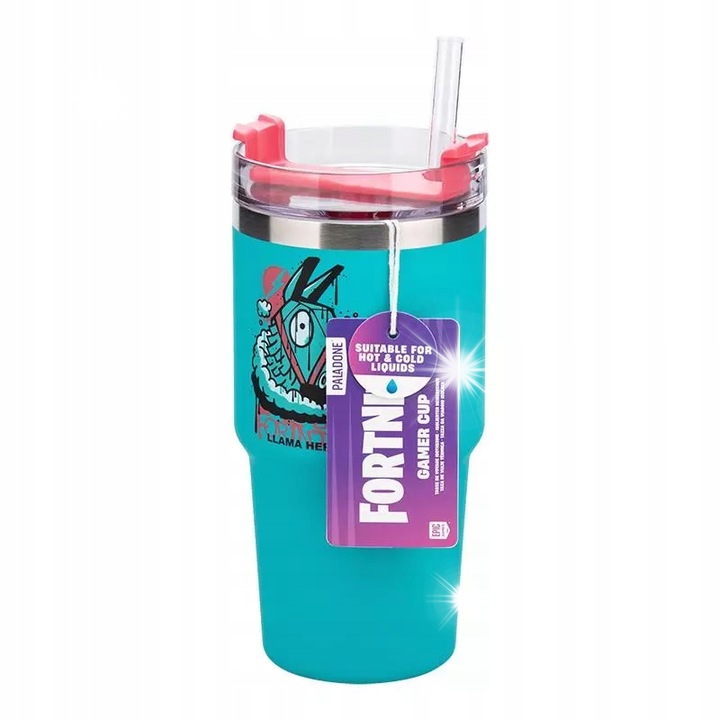 Cana izolata Fortnite cu pai, 600 ml, albastra, capac multifunctional