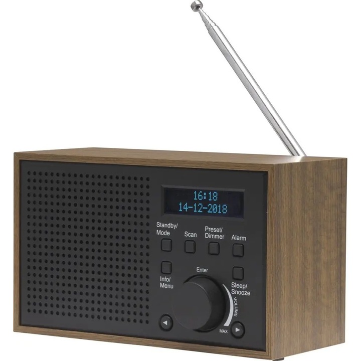 Radio DAB+ si FM Denver DAB-46, alarma, carcasa din lemn, 10,3x9,5x17cm