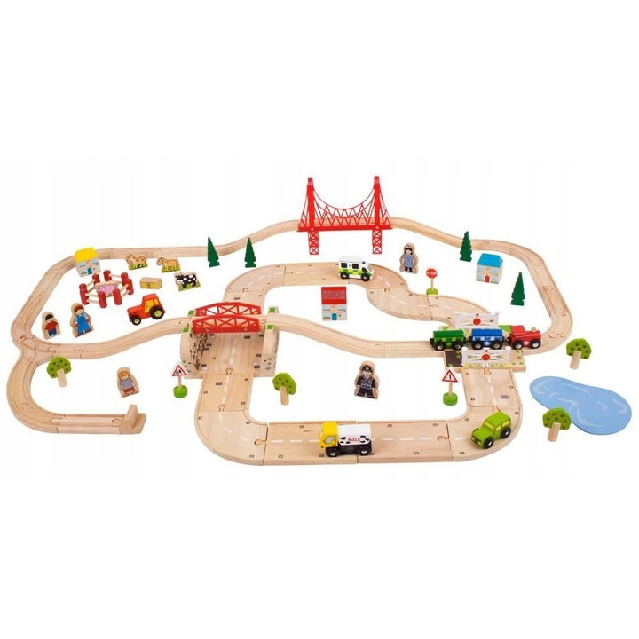 Set trenulete de jucarie, Bigjigs Rail, 116x75cm, cu drumuri, pociag si masini