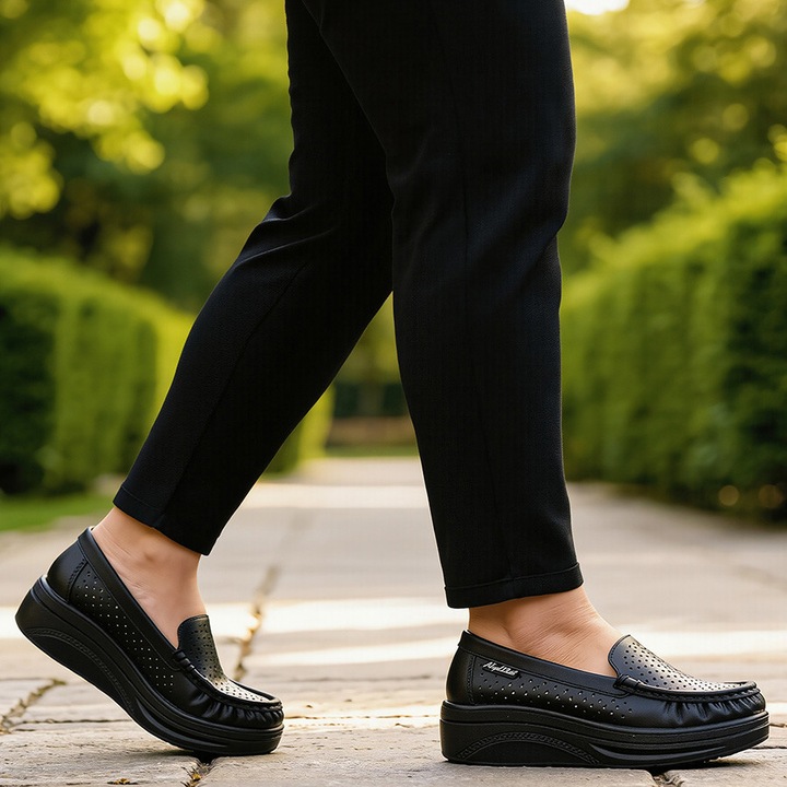 Pantofi dama superortopedici din piele naturala perforata, Negru