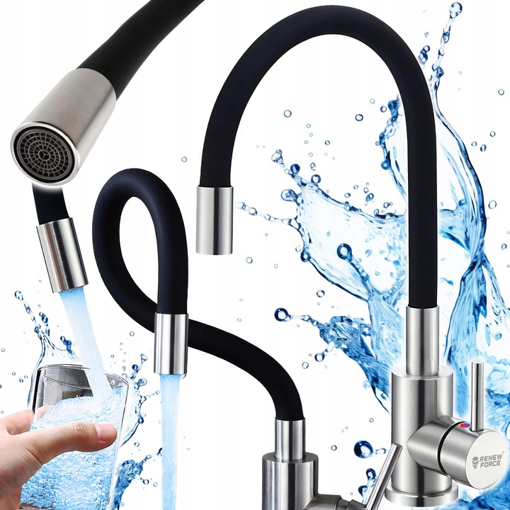 Renew Force konyhai csaptelep, rugalmas, fekete, 42 cm, teljes szerelőkészlet