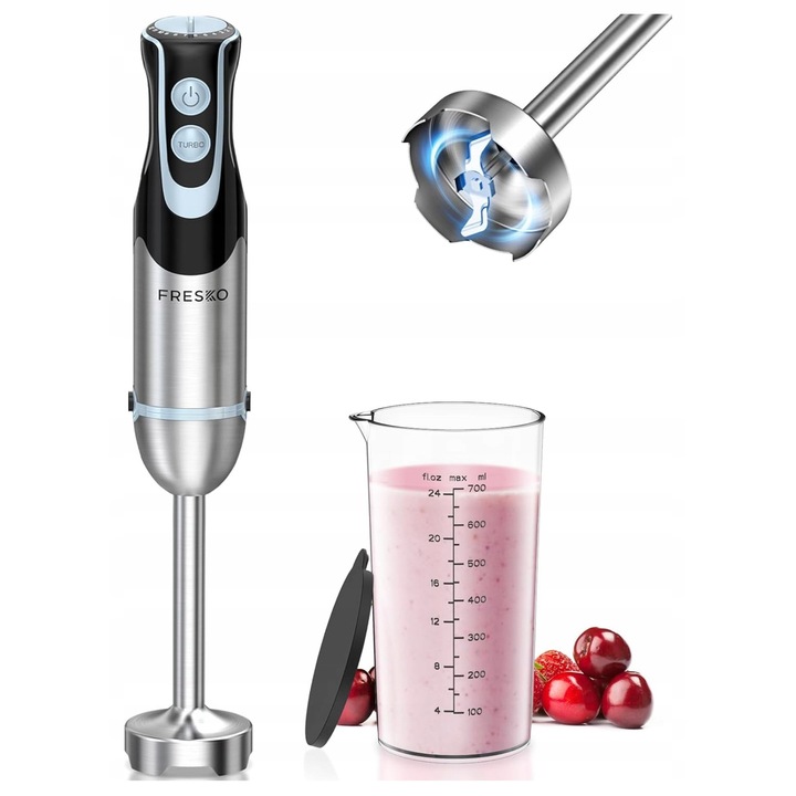 Ръчен пасатор Fresko 1000W, 12 скорости, Турбо, комплект с купа от 700 мл, сребристо-черен, 5,4x5,4x21,6см