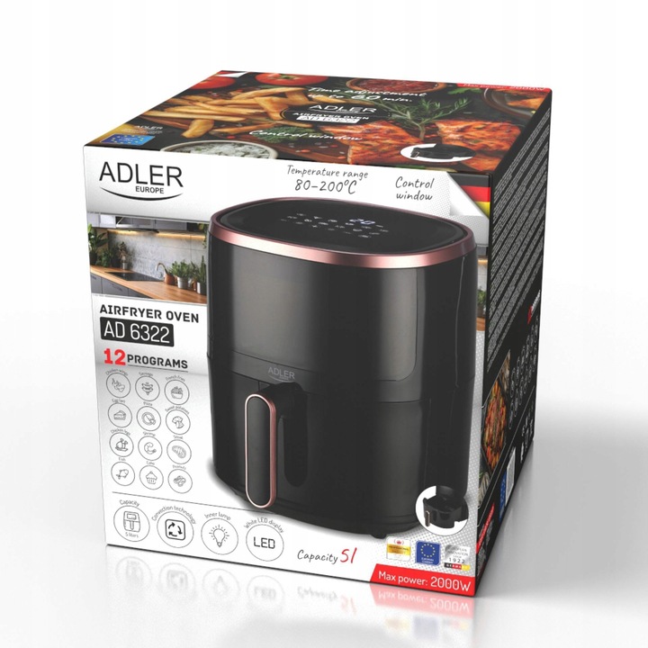 Friteuza fara ulei Adler AD 6322, 5L, 12 programe, negru, 31x27x37,5cm