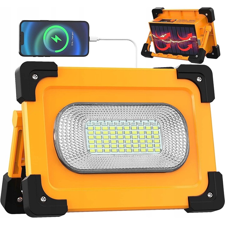 Работна лампа 80W LED, 4 режима на осветление, IP65, соларно и USB зареждане, комплект от 1 бр