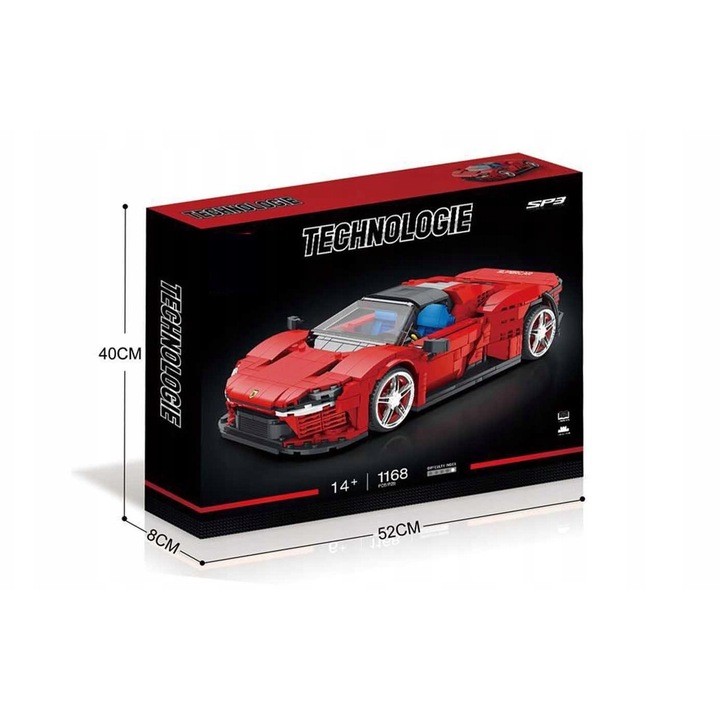 Комплект за сглобяване, спортен автомобил, червен, 1168 части, Ramiz, ръчно отварящи се врати, свалящ се покрив, 30,5x17,5x7 см