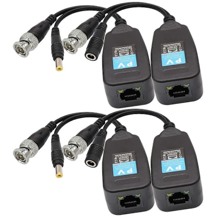 Set 2 perechi balun video RJ45 la BNC, 19cm, negru, pentru camere CCTV 1080P 3MP 4MP 5MP 8MP