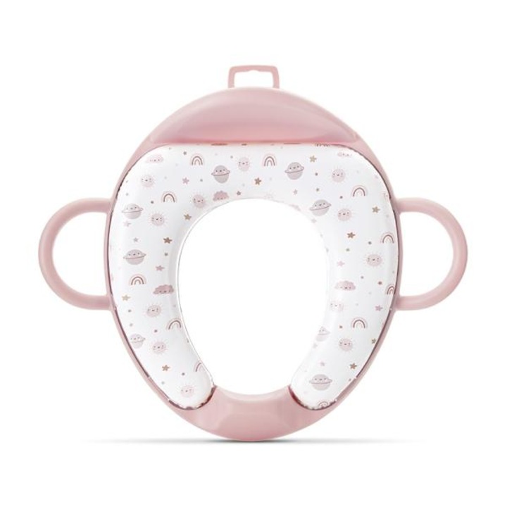 Reductor pentru toaleta, Lorelli, cu spatar si manere, pernita moale detasabila, Planets, Pink