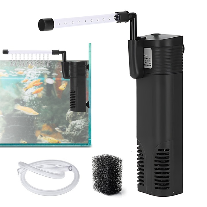 Filtru intern pentru acvariu, 450 L/H, 6 W, prindere cu ventuze, Negru, pentru acvarii pana la 20 L