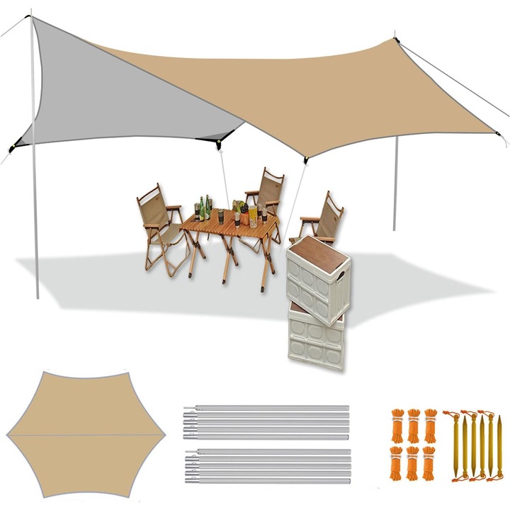 Cort tip pagoda hexagonal Juksun 6 persoane, 450x300cm, material poliester impermeabil, colturi intarite, tije rezistente, montaj versatil, Pentru camping, picnic, plaja