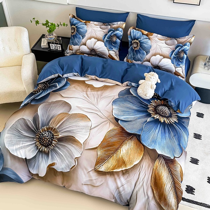 Ágynemű, gumis, 6 részes, 2 személyes, 5D, 180x200 cm, Jojo home, virágmintás