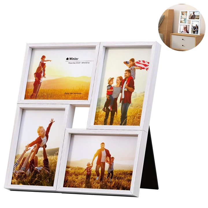 Rama foto rotativa, Wacorresi®, Rama foto de perete, poate gazdui 4 fotografii de 6 inch, material de inalta calitate, sticla transparenta, potrivita pentru birou si, sufragerie, magazin, restaurant etc., 28x28x3cm, alb