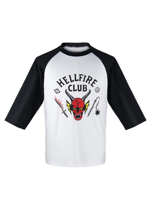 Bluza barbati, logo Hellfire Club, Stranger Things, maneca 3/4, alb, material respirabil