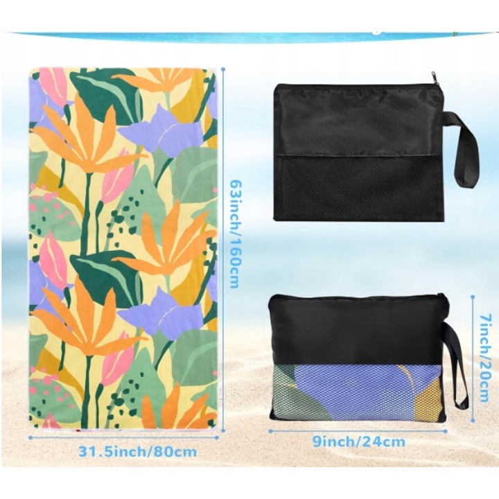Prosop pentru plaja, uscare rapida, microfibra, 80x160cm, cu geanta de depozitare, rezistent la nisip si pete, usor si moale