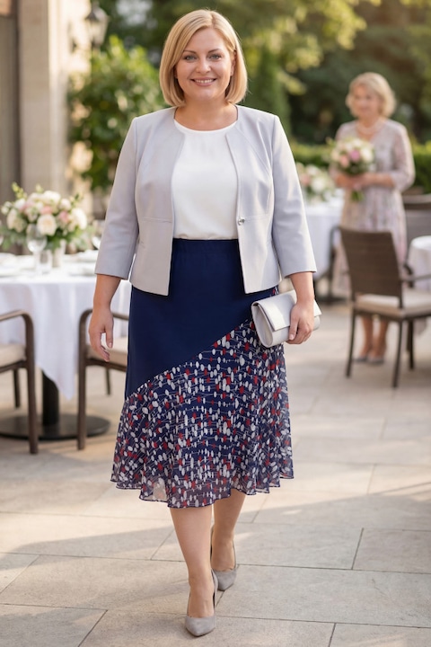 Fusta din sifon bleumarin cu insertii in model rosu si alb