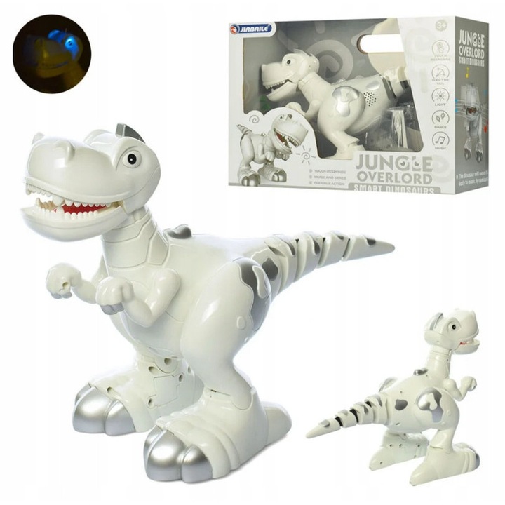 Интерактивен робот динозавър Madej, сребрист/бял, с музика, движение и лазер в очите