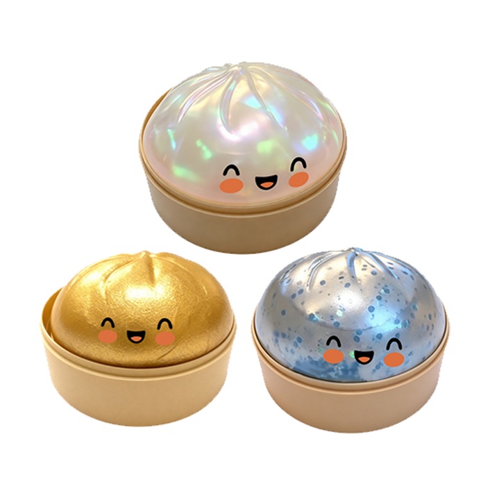 Interaktív játékszett gyerekeknek, 3 darabos, gőzölt zsemle formájú, puha textúrájú, színek: kék, arany, átlátszó rózsaszín