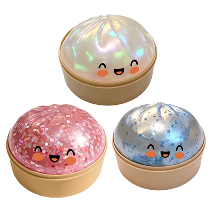 Interaktív játékszett gyerekeknek, 3 darabos, gőzölt zsemle formájú, puha textúrájú, rózsaszín és gyöngyház színekben.