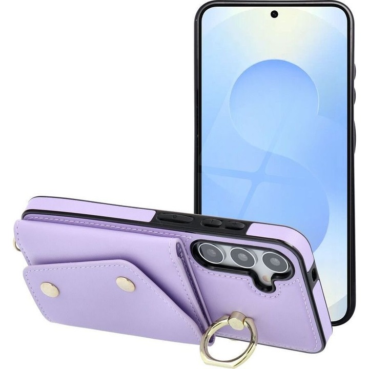 Husa telefon Wallet, model Wonder, violet, cu suport pentru inel si doua curele
