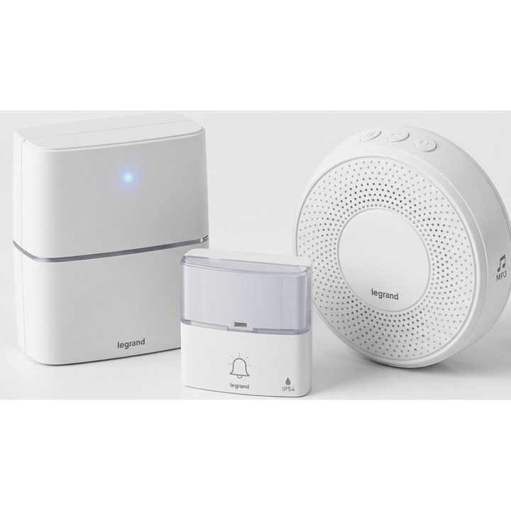 Sonerie fara fir dubla Legrand, LED, 30 melodii si MP3, raza actiune 200 m, sunet 80dB, protectie exterior IP54, alb, Baterii sonerie 3 x AA 1.5 V (neincluse), 230 V, Baterii buton 1 x CR2032 inclusa