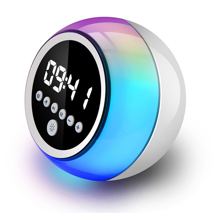 Hordozható Bluetooth hangszóró, RGB éjszakai fény, Ébresztőórás hangszóró
