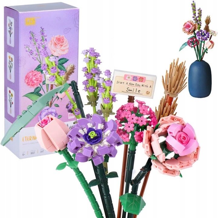 Set de constructie Jokomisiada, Buket colorat de flori, 547 elemente, dimensiuni 36,5x22x6cm, pentru copii 6+