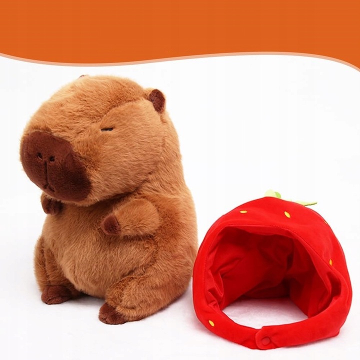 Pluszacz Kapibara cu Caciula de Capsuna, 23 cm, Jucarie de Plus