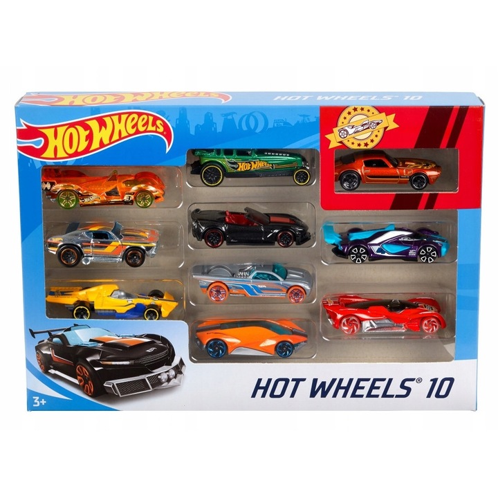 Set masinute Hot Wheels, 10 bucati, 1:64, 6-7cm, pentru copii 3 ani+