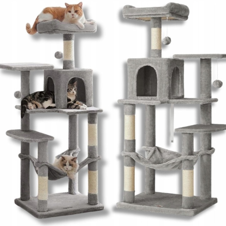 Катерушка за котки Feandrea, 6 нива, хамак, играчка, сива, 55x45x143 см