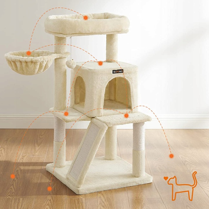 Драскалка за котки Feandrea, 96 см, 2 нива, бежова, комплект с плюшена топка