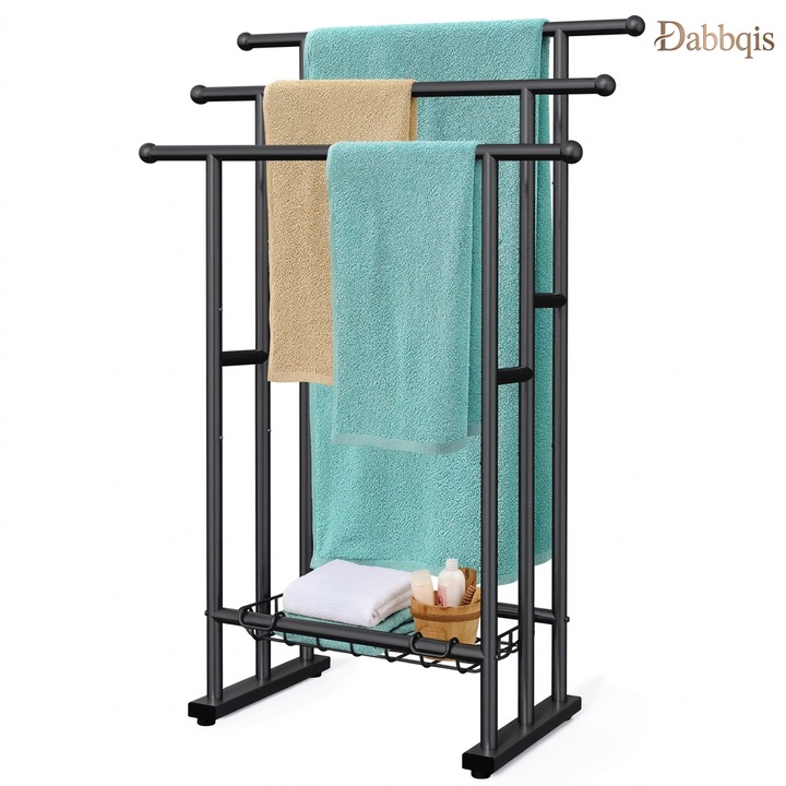 Dabbqis Szabadon Álló Törölközőtartó, 3 Szint, Maximális Magasság 102 cm, Tárolókosárral, Fém, Szellőző Kialakítás a Gyors Szárításért, Matt Fekete