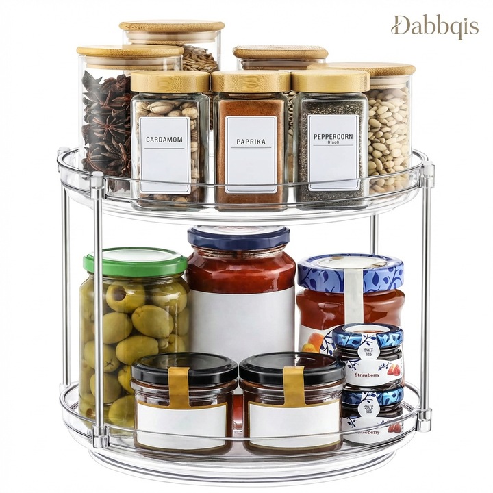 Organizator Rotativ pe 2 Niveluri Dabbqis, Acrilic Transparent Premium, Diametru 23.5 cm, Rotire 360°, Ideal pentru Condimente, Cosmetice sau Organizare Baie