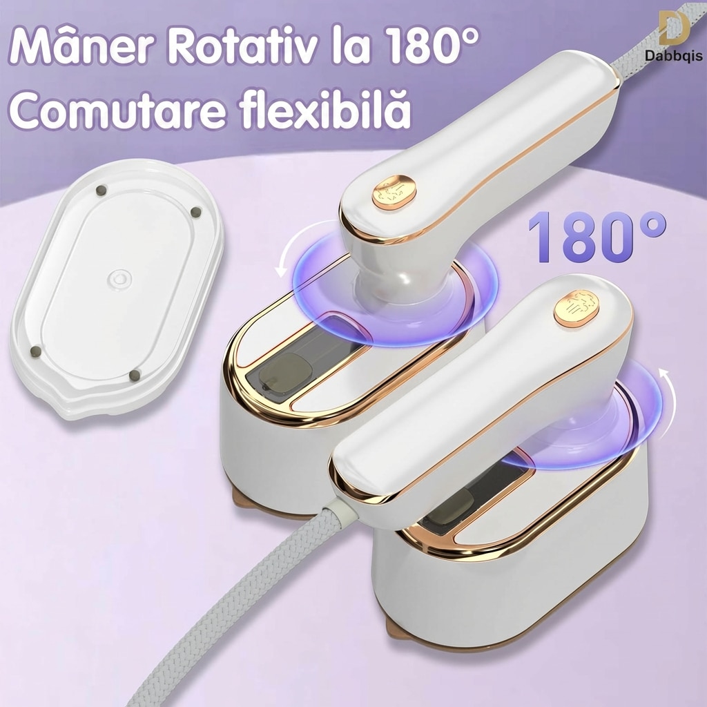 Aparat de Calcat cu Abur Portabil Dabbqis 2-in-1, Design Ergonomic cu Maner Rotativ, Incalzire Rapida, Calcare Verticala si Orizontala, Alb, Ideal pentru Voiaj si Acasa
