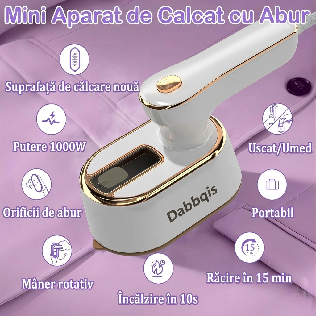 Aparat de Calcat cu Abur Portabil Dabbqis 2-in-1, Design Ergonomic cu Maner Rotativ, Incalzire Rapida, Calcare Verticala si Orizontala, Alb, Ideal pentru Voiaj si Acasa