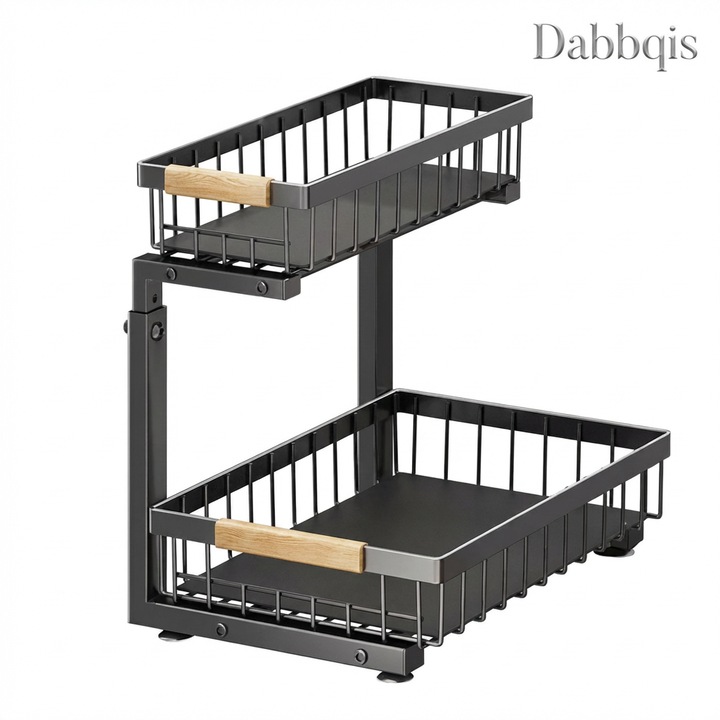 Organizator Metalic Sub Chiuveta Dabbqis, 2 Niveluri cu Rafturi Glisante, Inaltime Reglabila, Capacitate Mare pentru Bucatarie si Baie, Negru, 40 x 30 x 43 cm