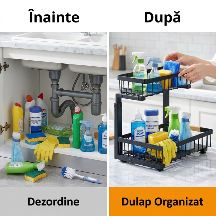 Organizator Metalic Sub Chiuveta Dabbqis, 2 Niveluri cu Rafturi Glisante, Inaltime Reglabila, Capacitate Mare pentru Bucatarie si Baie, Negru, 40 x 30 x 43 cm